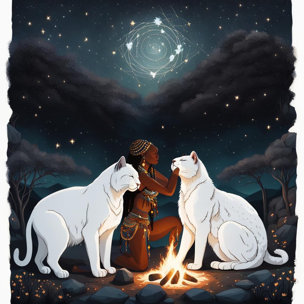Shaman Kissing Woman and Cat Under Meteor Shower