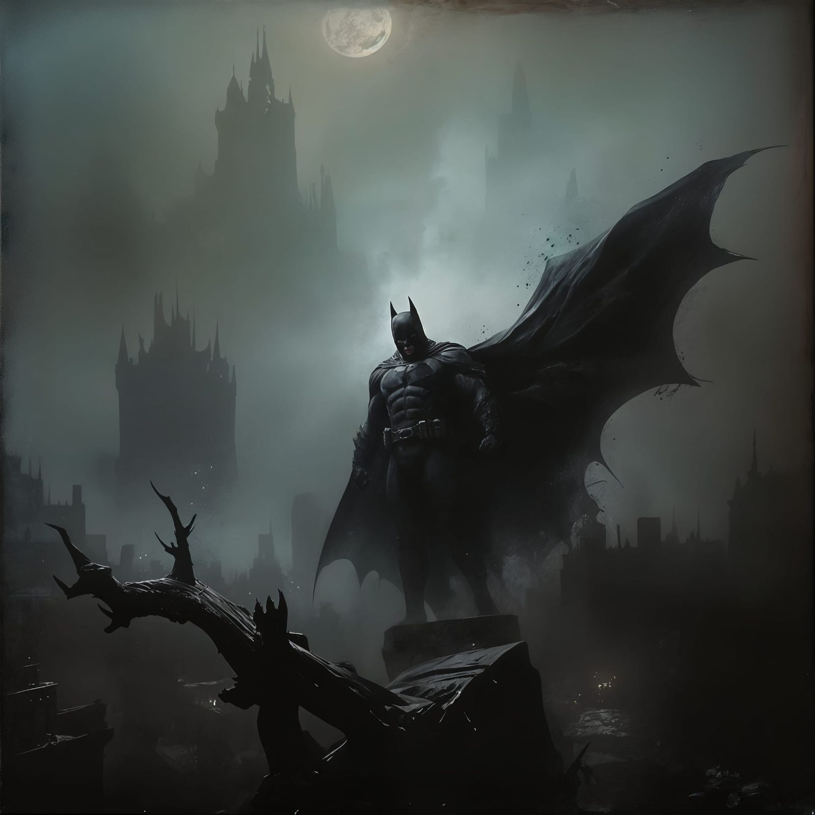 Menacing Batman on Rooftop: Renaissance Oil Painting