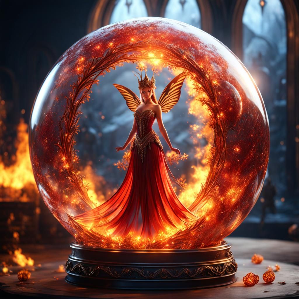 Fire Fairy in Crystal Sphere, Detailed Matte Painting