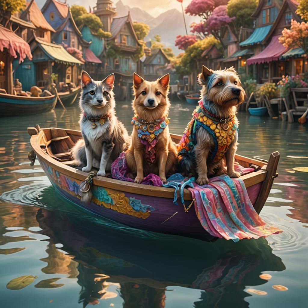 Whimsical Pet Animals in Boat: Fantasy Illustration