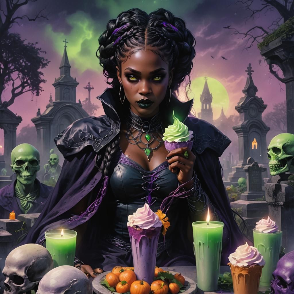 Black Vampire Beauty in Misty Cemetery: Dark Fantasy Art