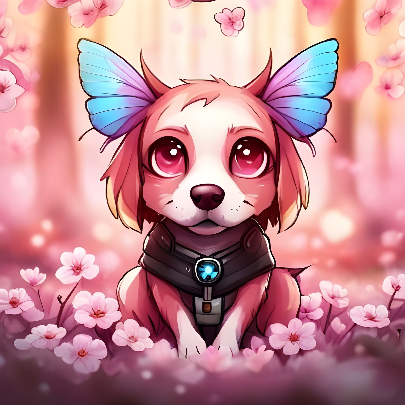 Chibi Dog with Butterfly in Cherry Blossoms