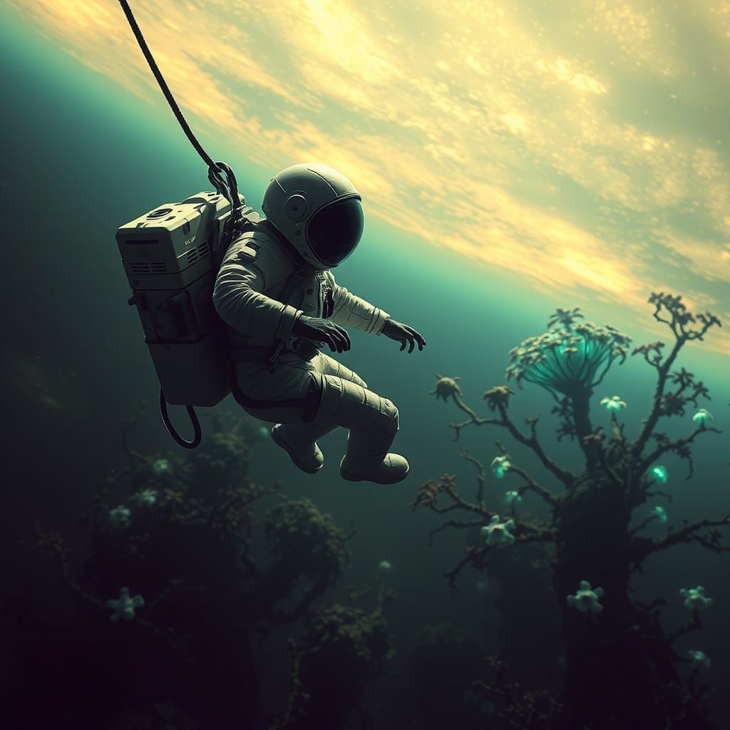 Astronaut Adrift in Bioluminescent Alien Jungle