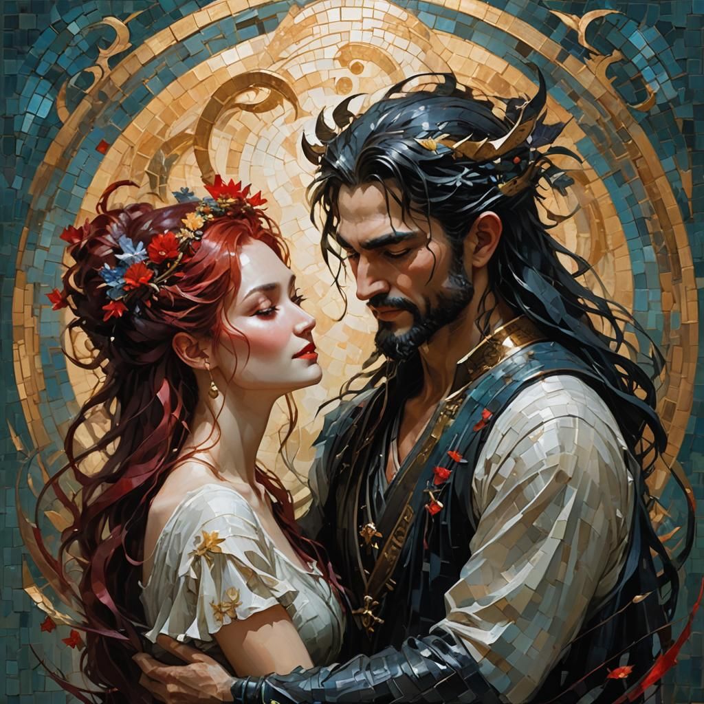 Persephone and Hades Couple Portrait in Mosaic Style