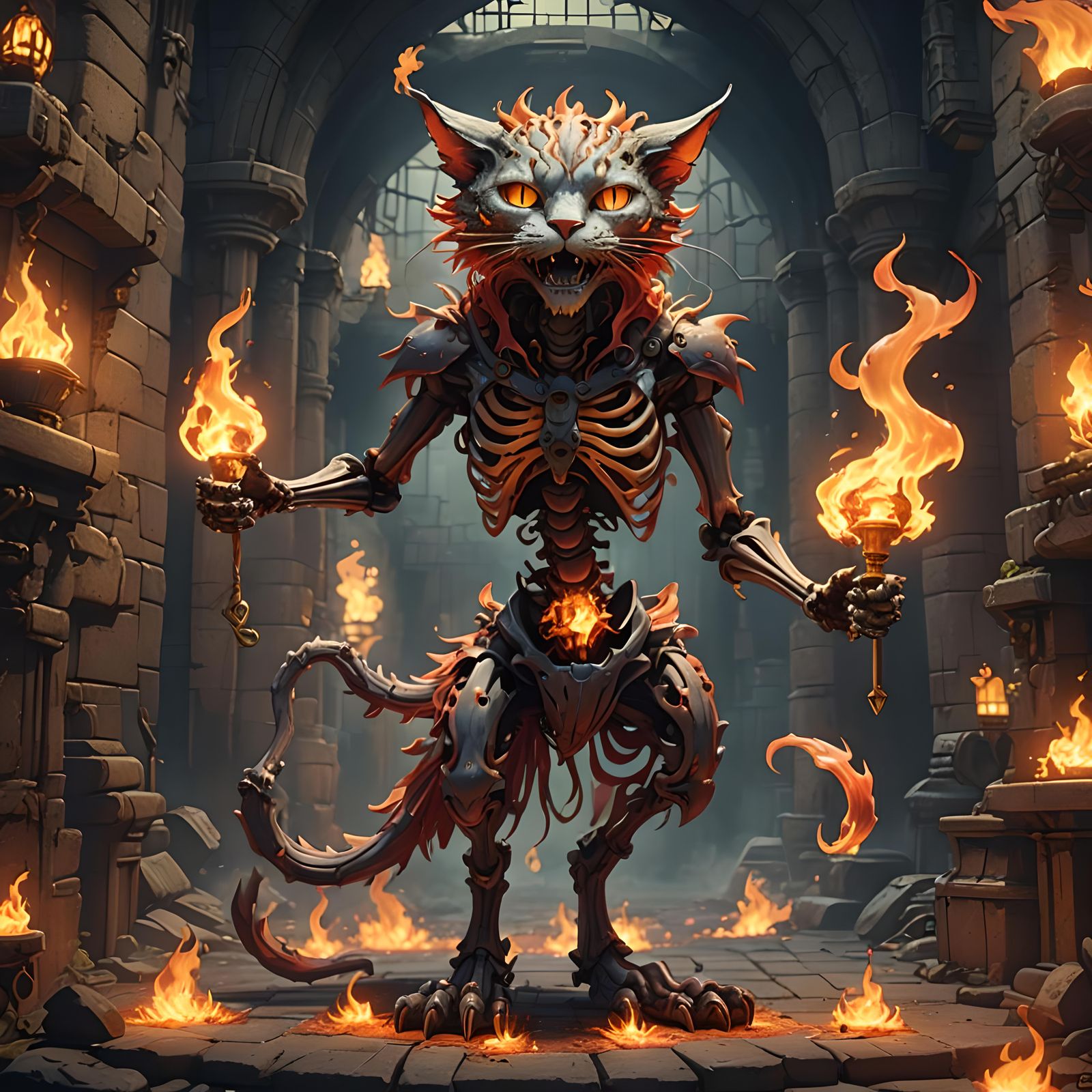 Flaming Skeletal Cat in Dungeon, Studio Ghibli Style