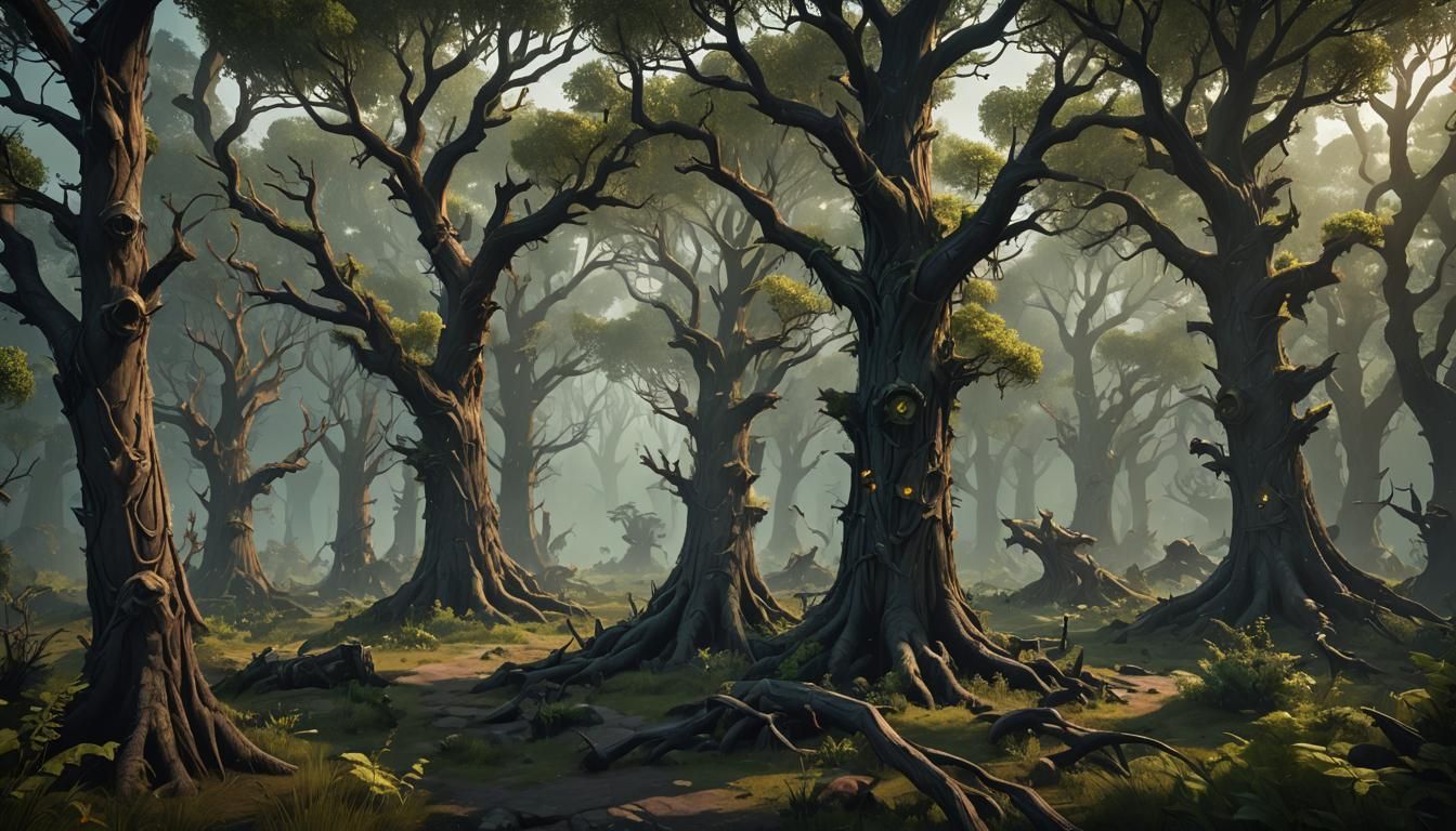Creepy Dark Forest with Ancient Tree Protectors