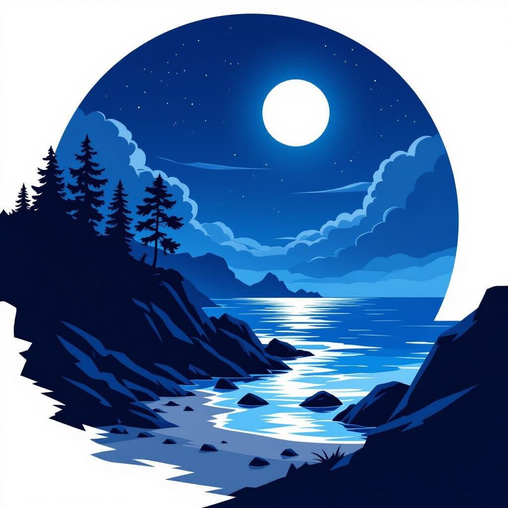 Minimalist Moonlit Coast in Digital Art Style