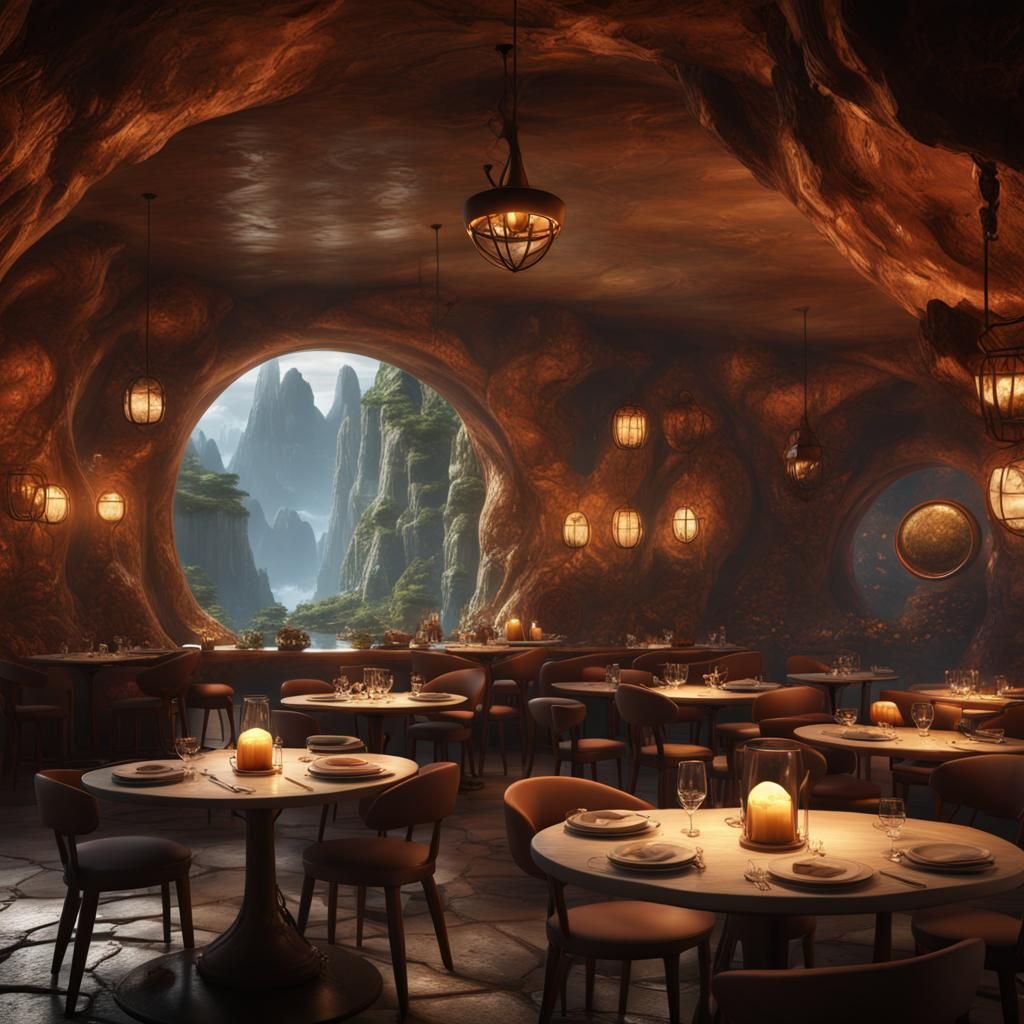 Cave Restaurant with Round Windows: Fantasy Concept Art