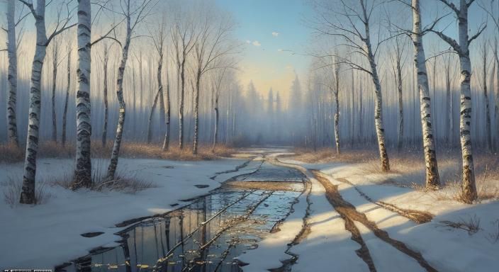 Spring Thaw in Birch Forest: Oil Painting