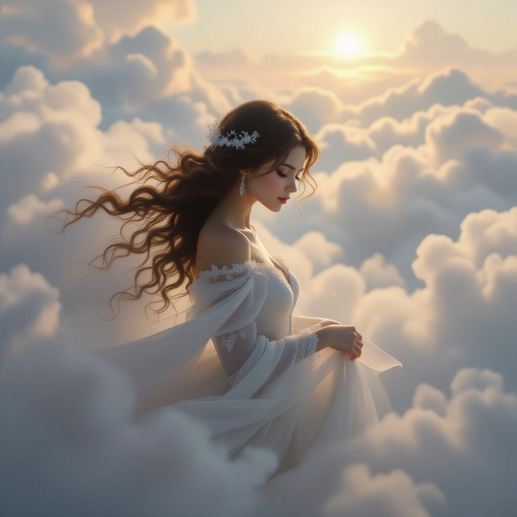 Ethereal Woman in Misty Clouds, Dreamlike Fantasy