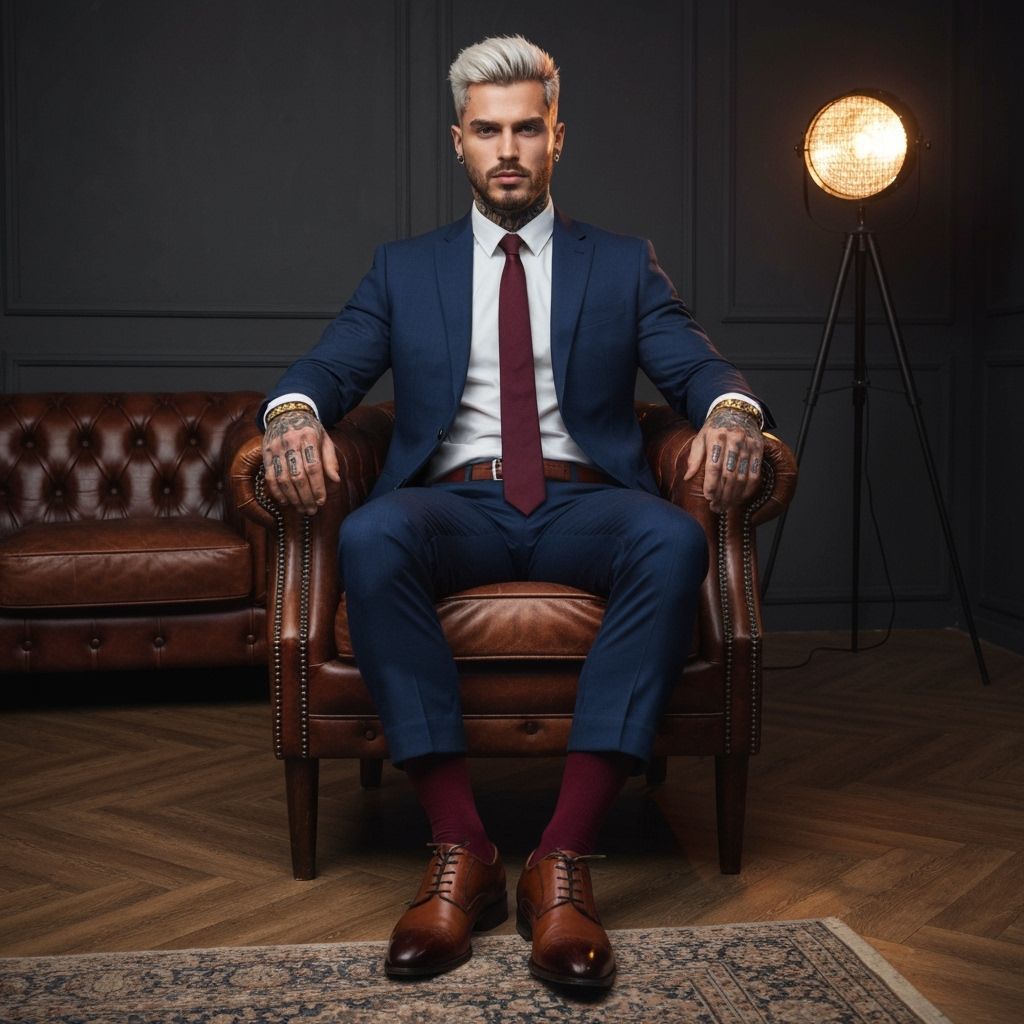 Elegant Man in Suit and Burgundy Socks Portrait