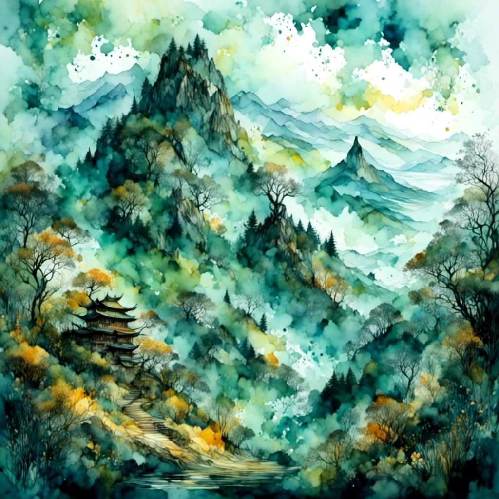 Mountain with Trees in Beksiński Style Digital Art