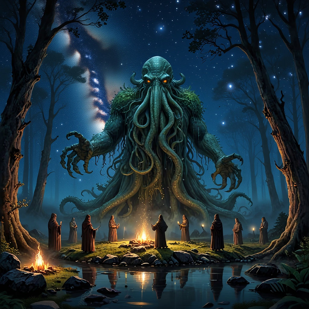 Fantasy Stone Circle with Cthulhu in Mystical Forest