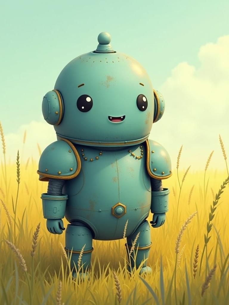 Retro Armored Farmer Golem in Pastel Field