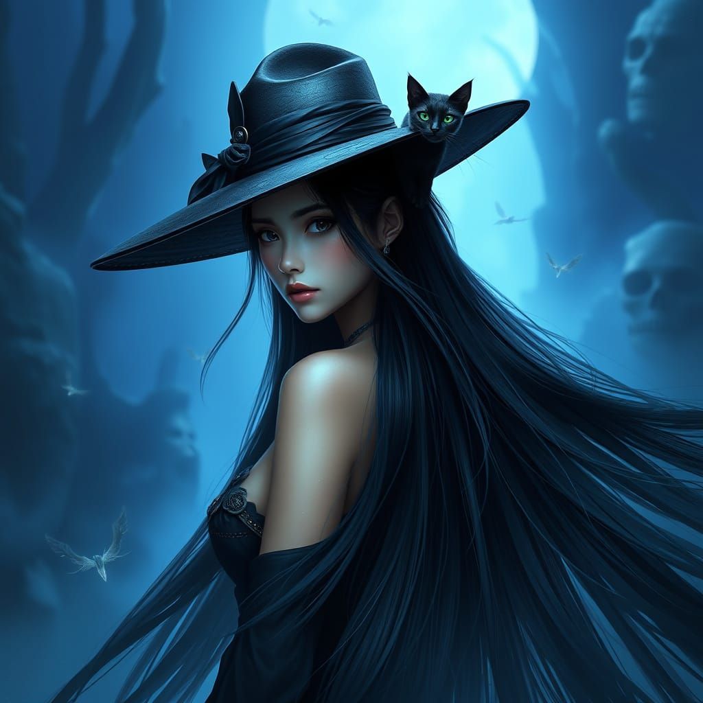 Majestic Girl in Dreamlike Blue Realm with Black Feline Comp...