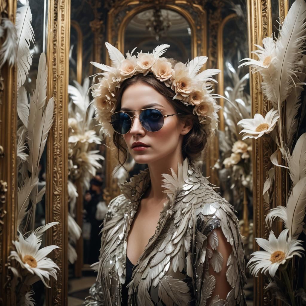 Mysterious Woman in Mirror House with Flowers