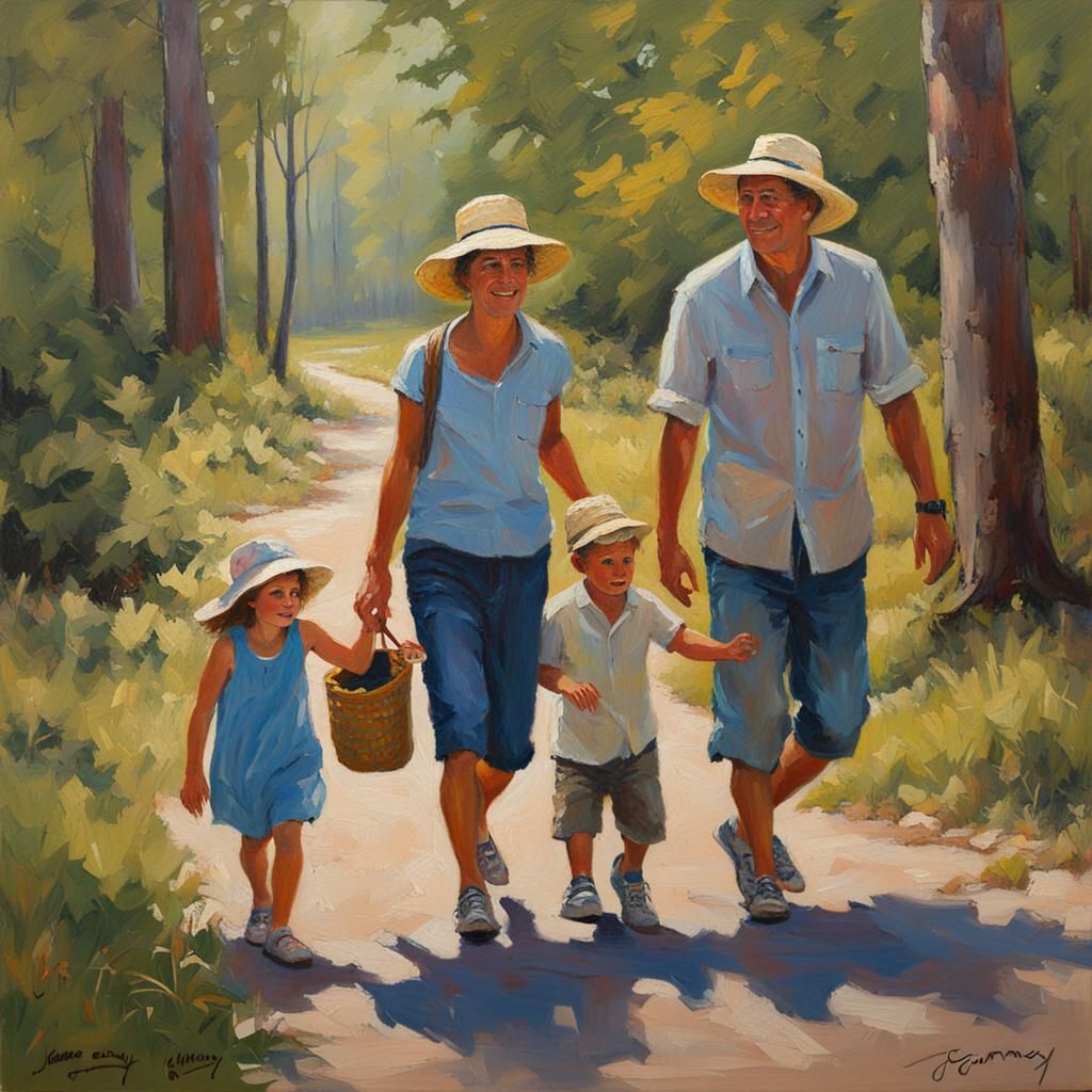 Happy Family Nature Walk as Oil Painting