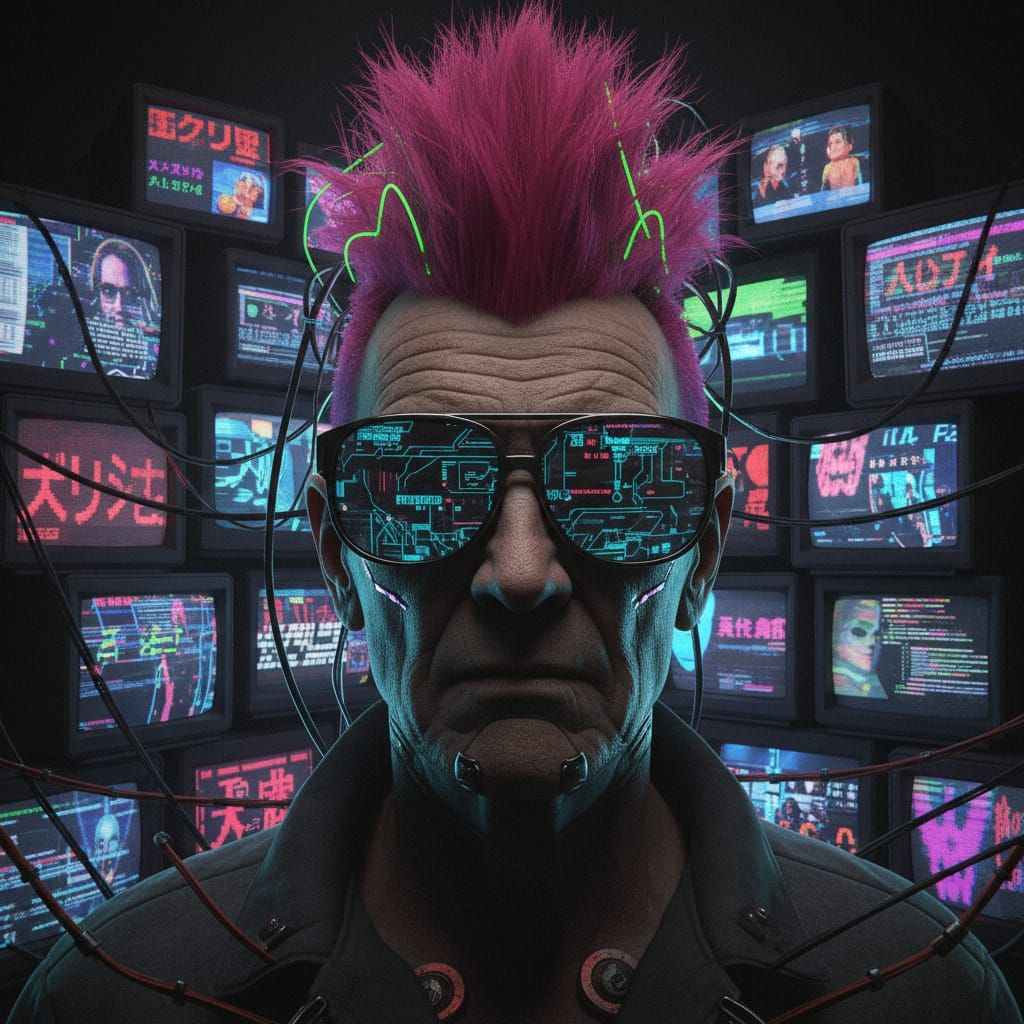 Cyberpunk Old Man with Pink Hair and Reflective Sunglasses