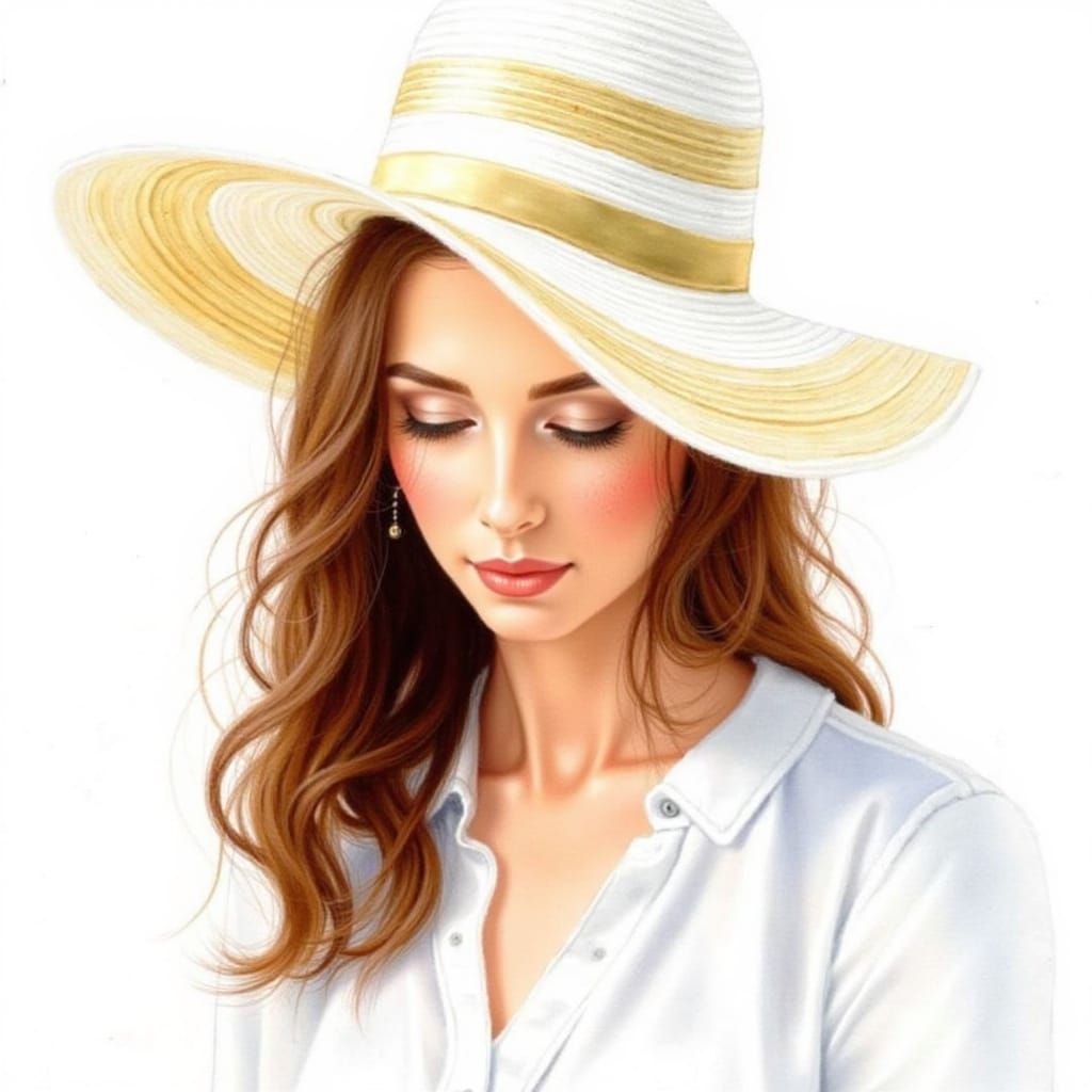 Realistic Woman in Sun Hat, Watercolor Style