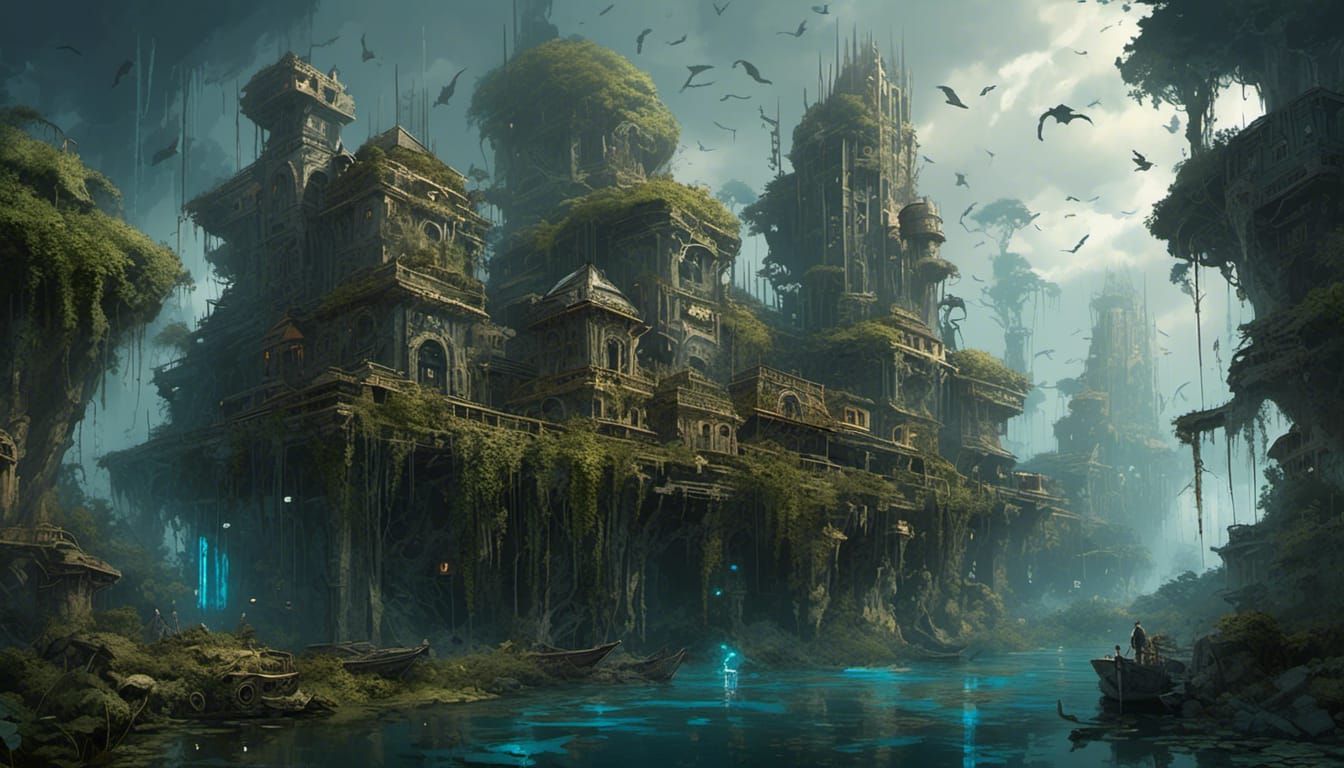 Overgrown Cyberpunk City Floating Under Stormy Sky