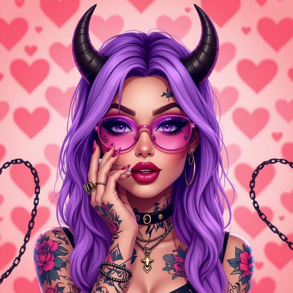 Realistic Cartoon Devil Woman with Horns and Pink Glasses