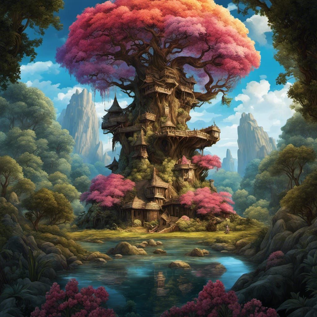 Fantasy Bonsai Village in Flowering Yggdrasil