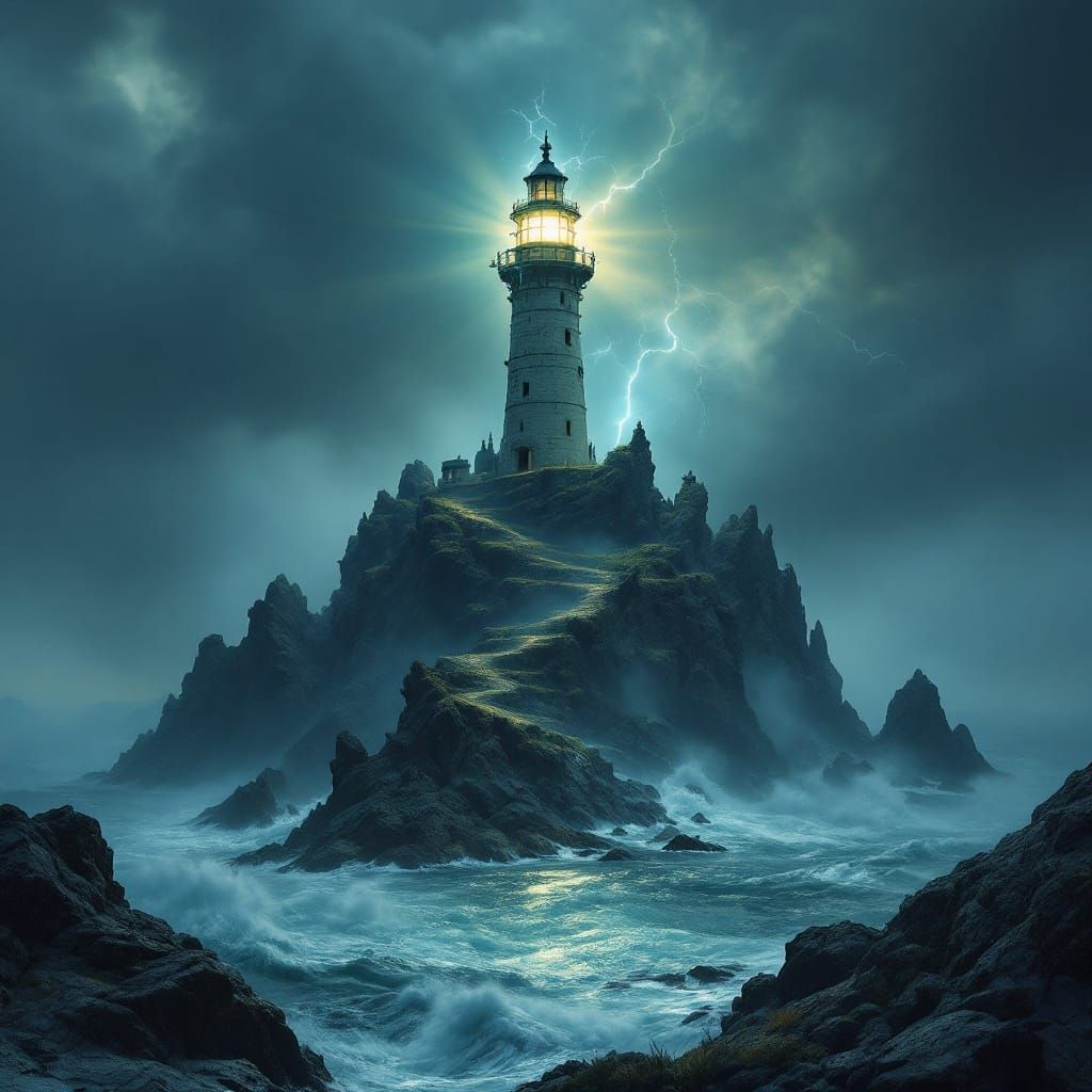 Surreal Lighthouse on Rocky Headland in Stormy Seas