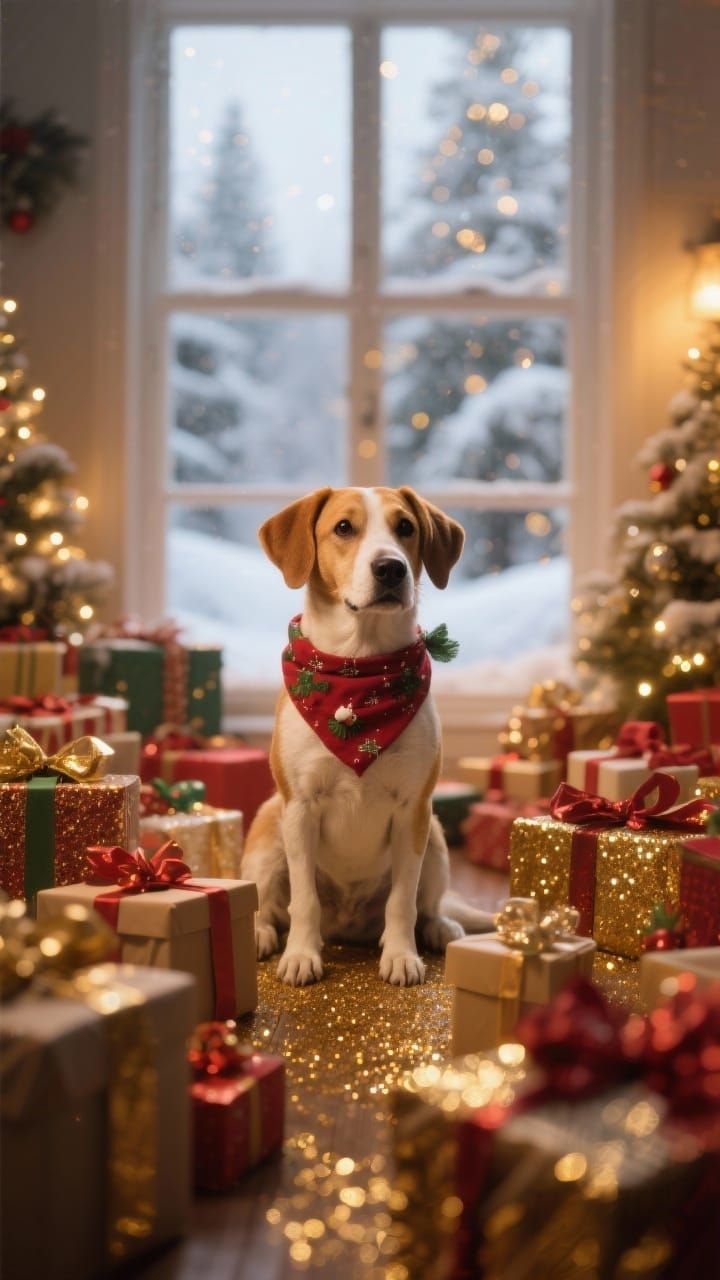 Cute Dog in Christmas Bandana with Presents