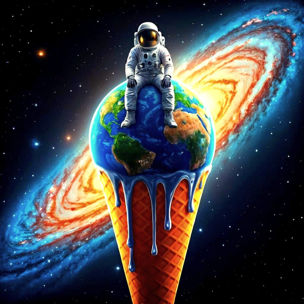 Enormous Astronaut Sits on Melting Ice Cream Earth in 8K UHD