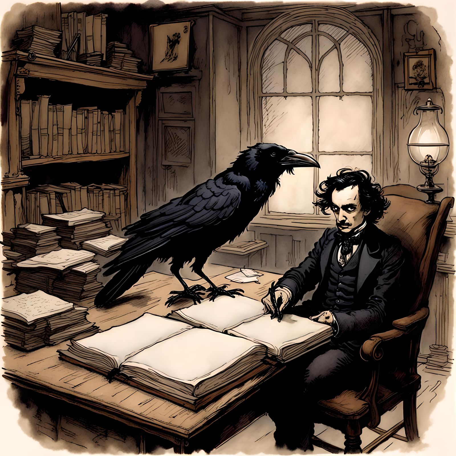 Raven, poe in his study, By arthur rackham, Tim Burton