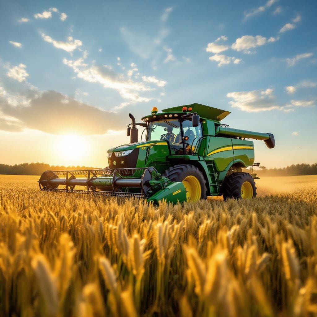 John Deere X9 Combine Harvesting Golden Wheat Field