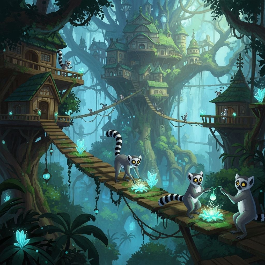 Ancient Treehouse City with Lemurs in Miyazaki Style