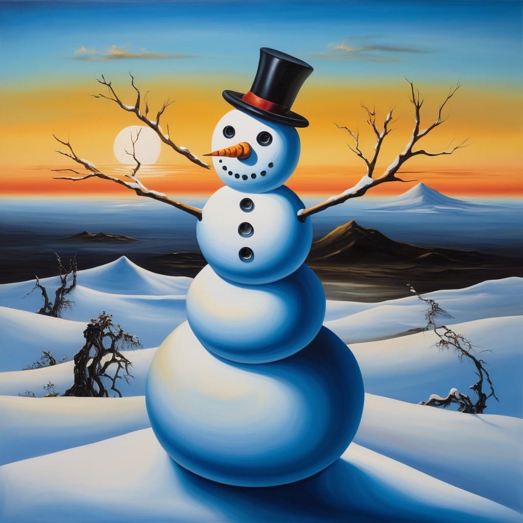 Surrealist Snowman Melts in Vibrant Sunrise Landscape
