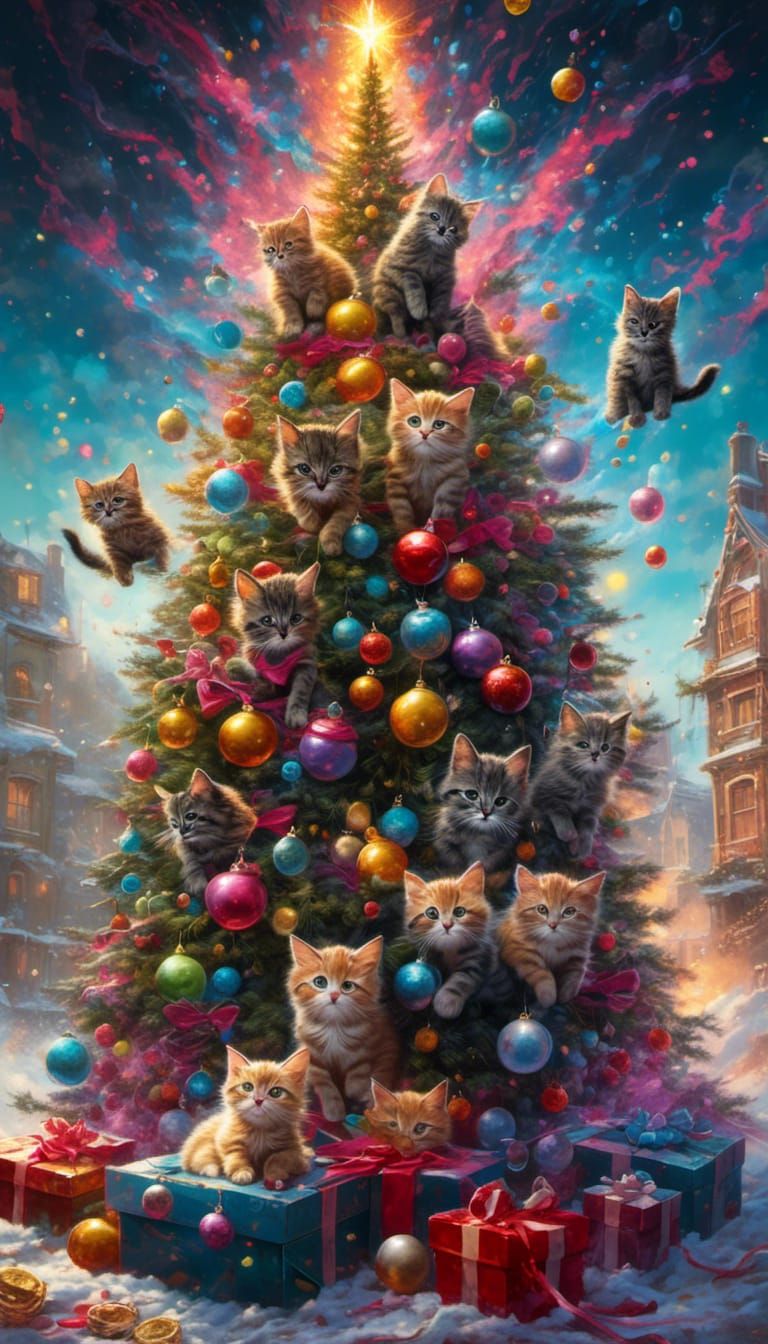 Kittens Destroying Christmas Tree in Graffiti Style