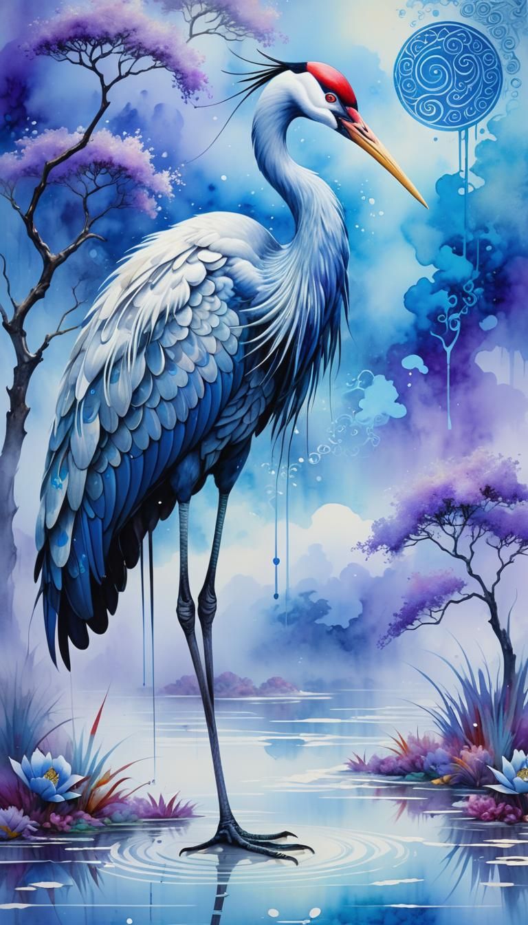 Majestic Oriental Crane in Dreamy Blue Realm