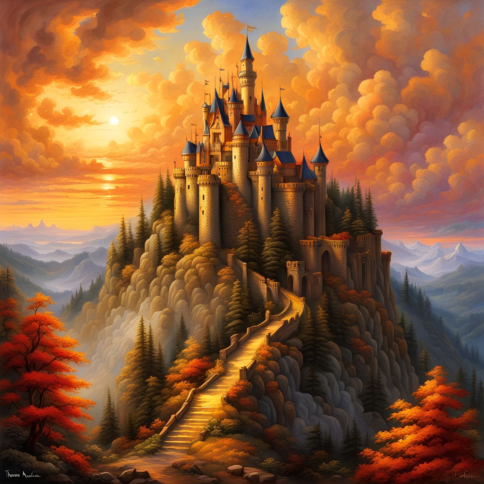 Heavenly Castle in Clouds Watercolor Painting