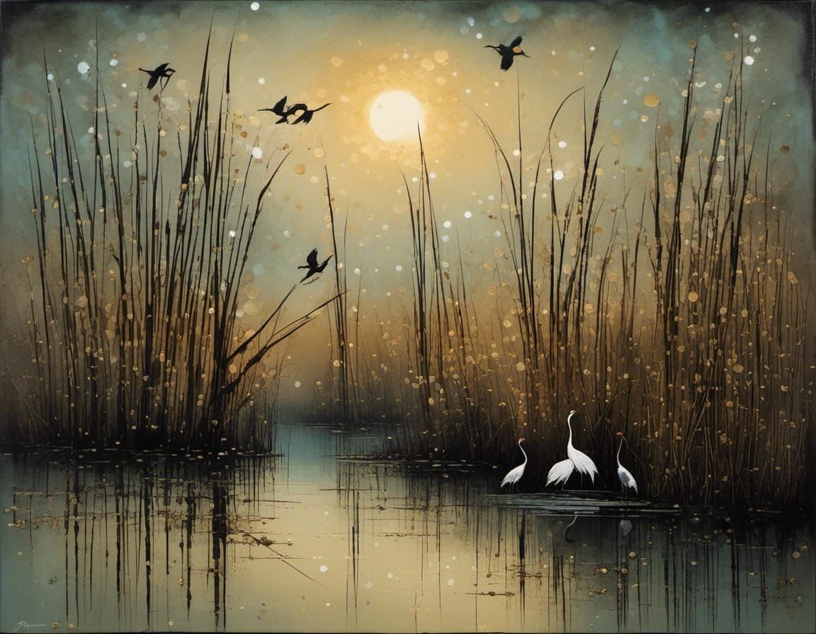 Cranes in Evening Light, Alcohol Ink Style