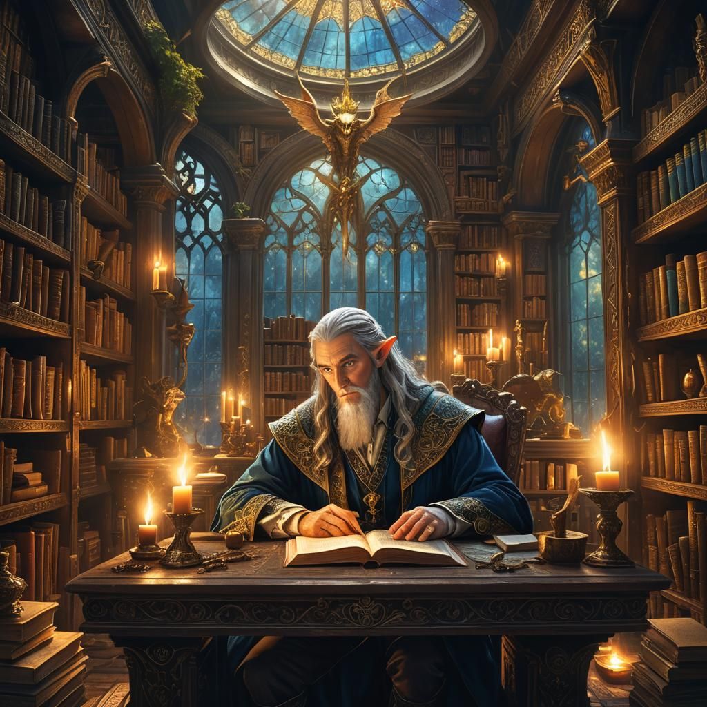 Elven Wizard in Mystical Study: Digital Art