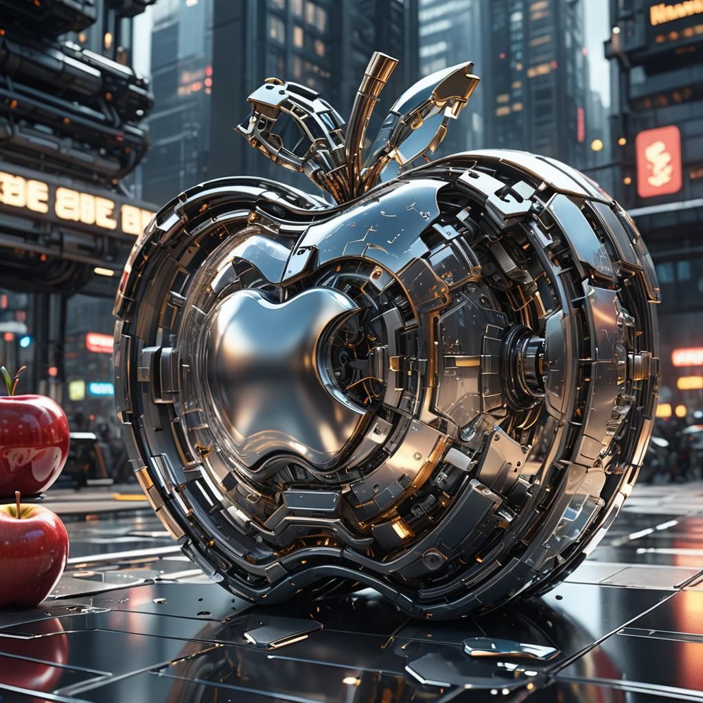 Futuristic Cyber Glass Apple with Intricate Mech Details