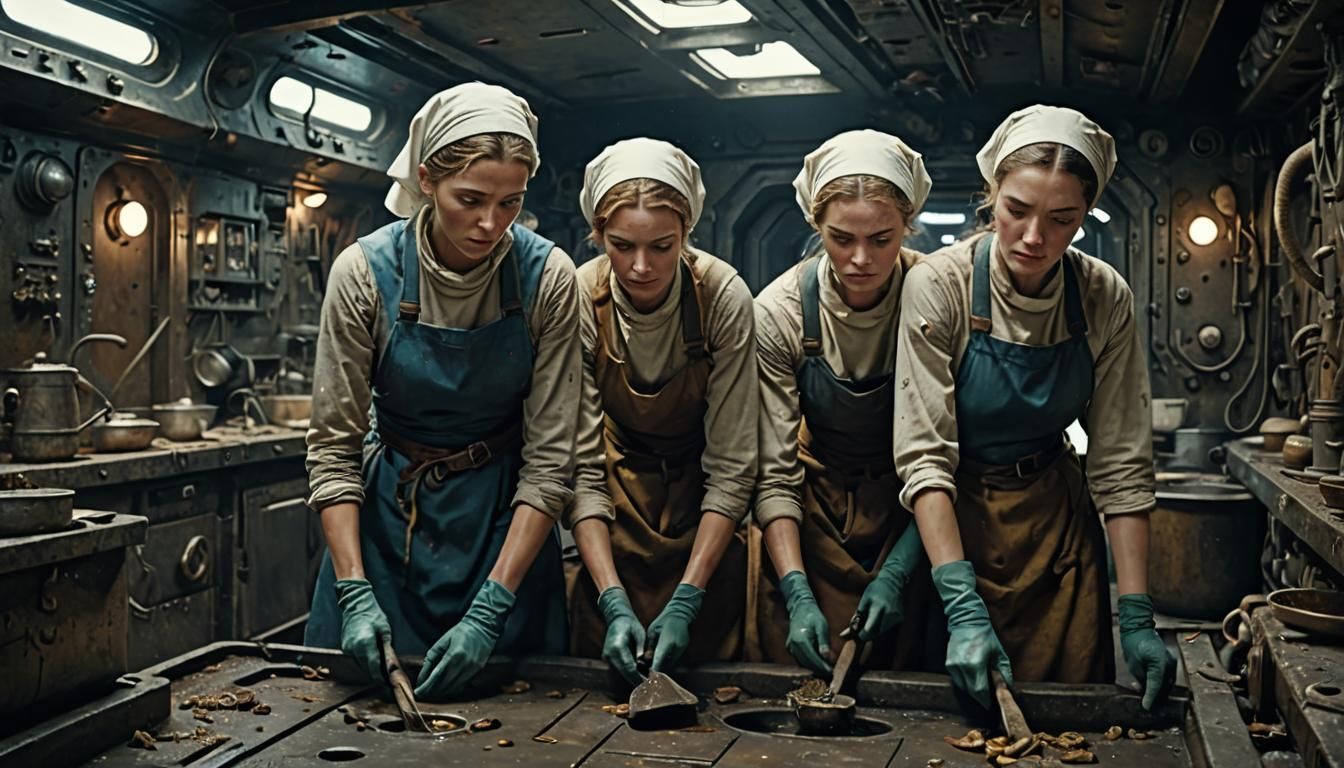 Scullerymaids Cleaning Spaceship Galley: Digital Matte Paint...