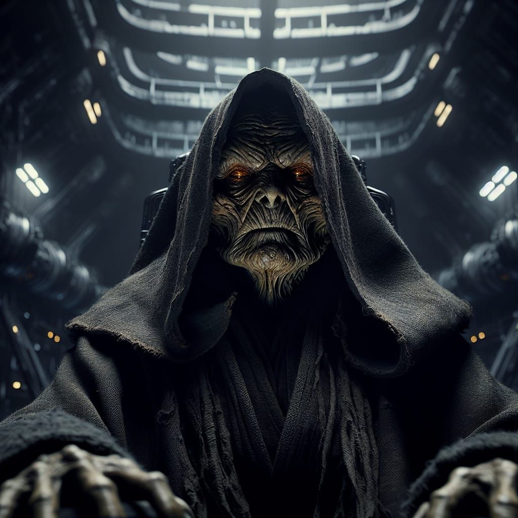 Menacing Figure on Throne in Futuristic Space Station