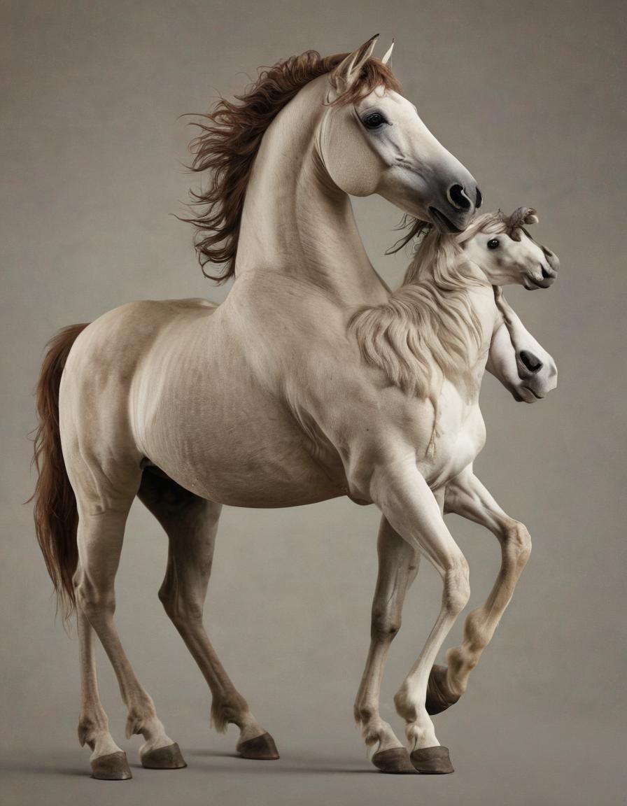 Genetic hybridization of Homosapiens and Equus caballus Linnaeus. Centaur. Horsewoman. Centauress. Chiron.