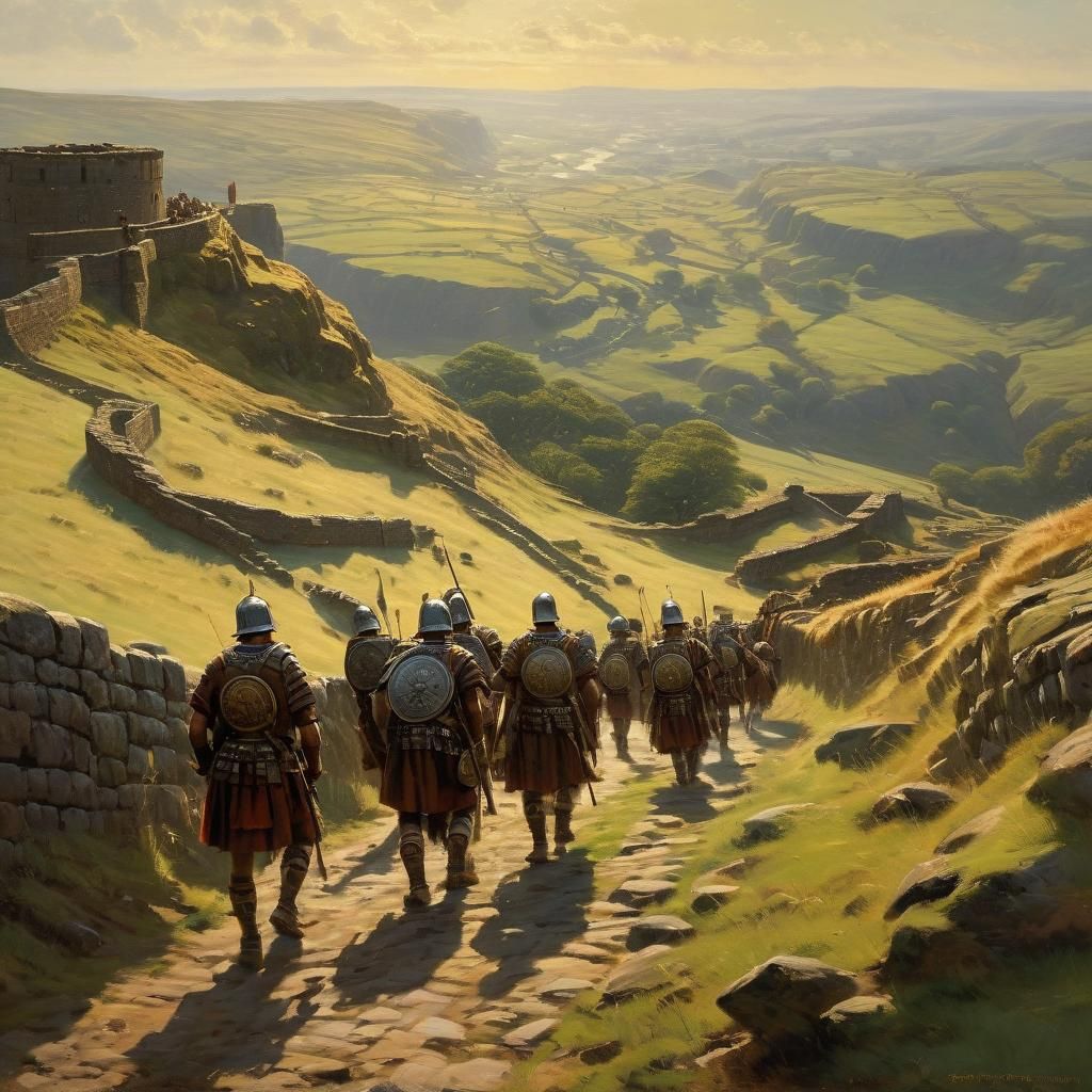 Roman Legionaries Patrol Hadrian's Wall: Classical Oil Paint...