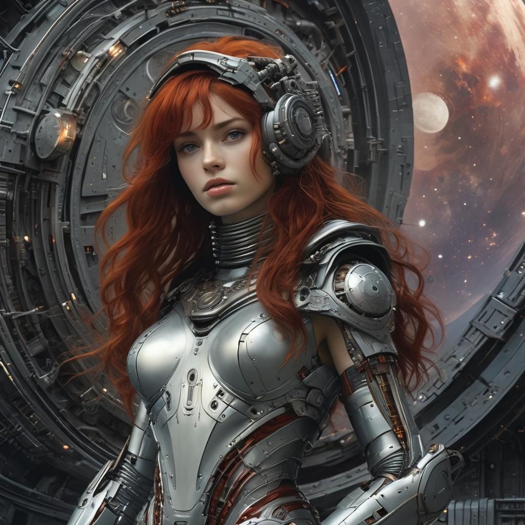 Red-Haired Cyborg Woman in Space: a Fantasy Portrait