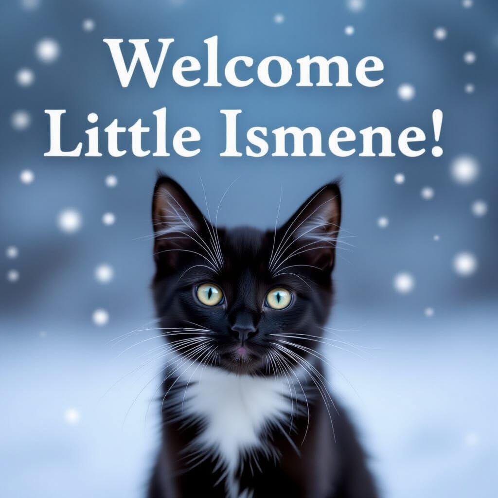 Black Cat Portrait with "Welcome Ismene" Text in Winter