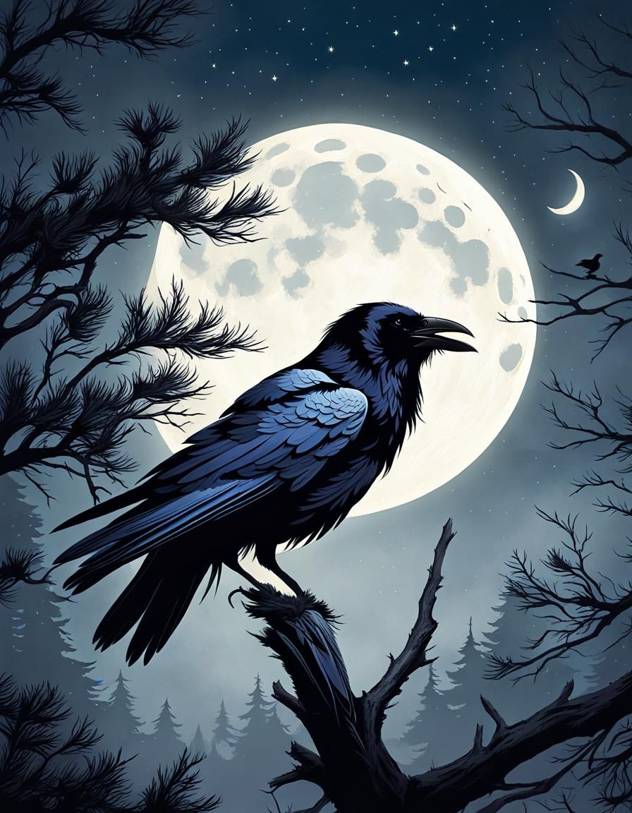 Raven Squawking at Moon in Moody Nocturnal Illustration