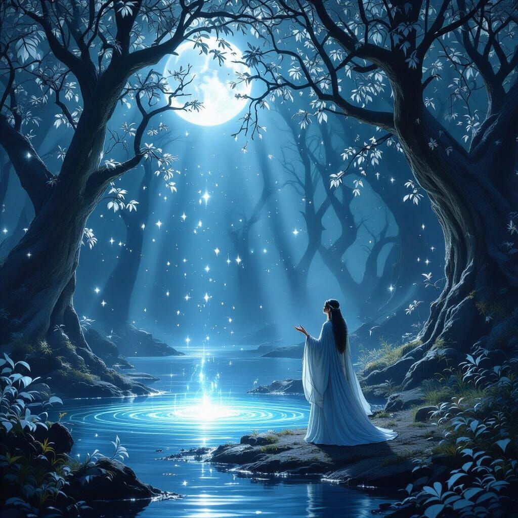 Mystical Elven Forest Illuminated by Moonlight