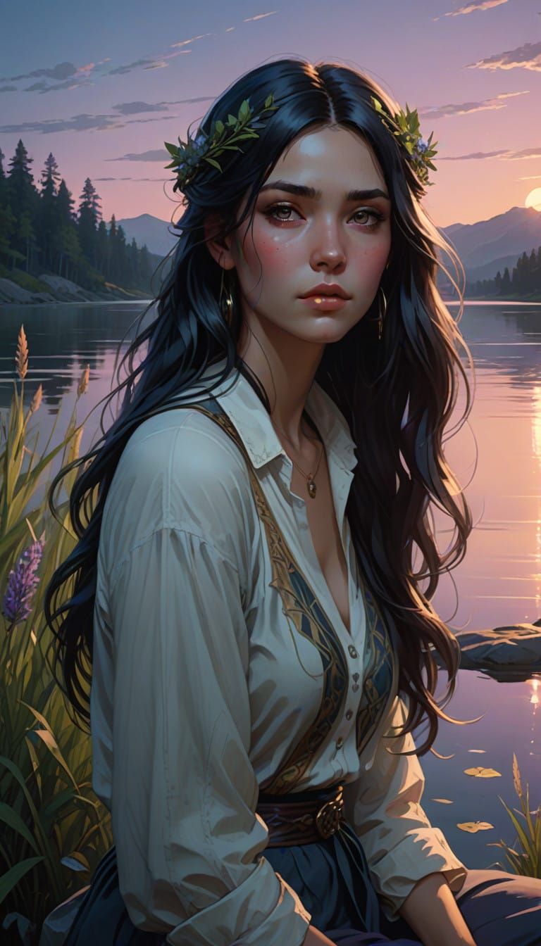 Enigmatic Girl at Night, Lake and Tall Grass