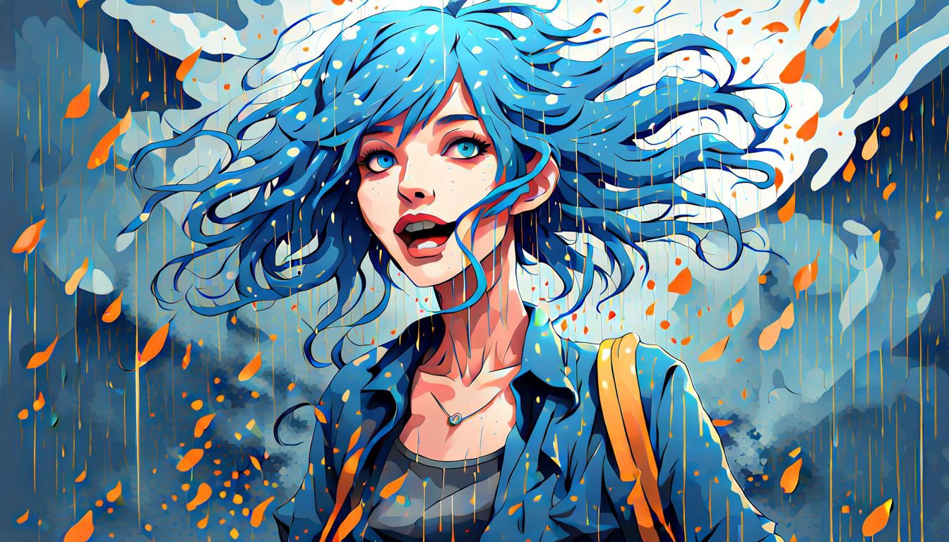 Blue-Haired Woman Dancing in Rain, Anime Style
