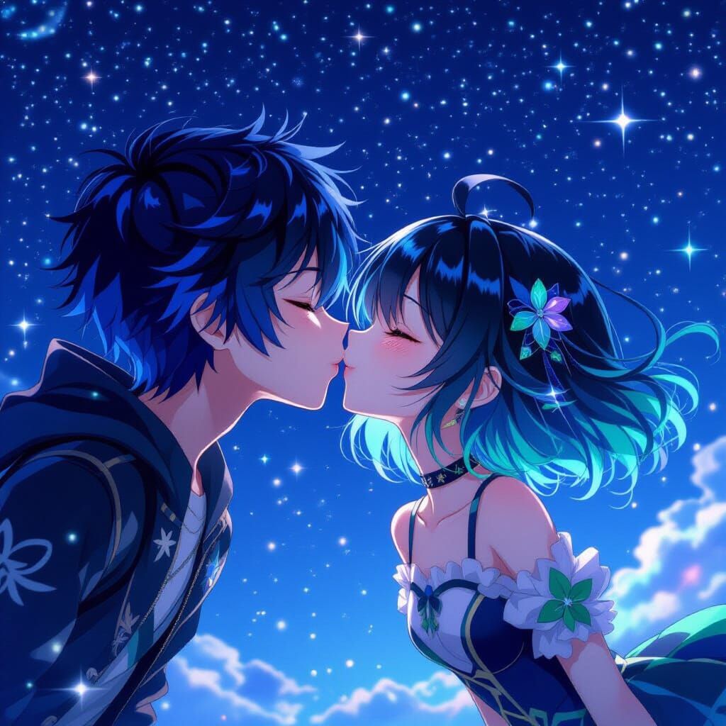 Anime Couple Kissing Under Starry Sky